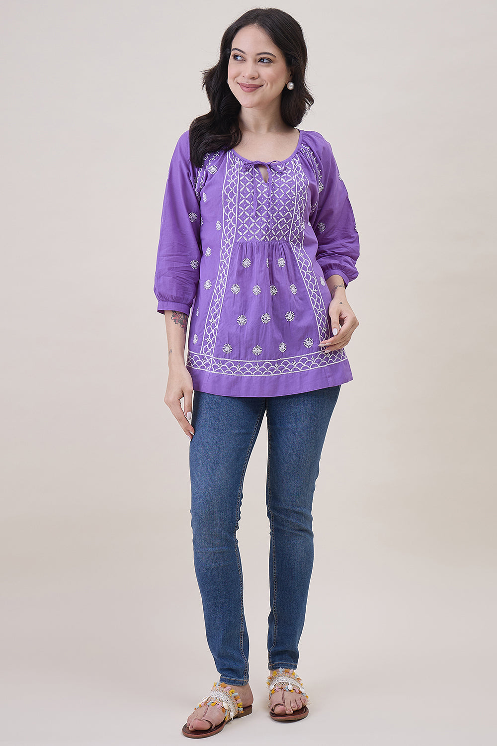 Purple Cotton Top With Front Ties And Chikankari