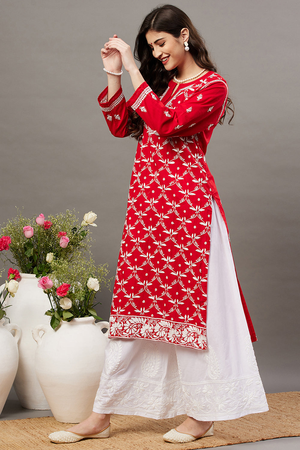 Red Kurta Set With Chikankari