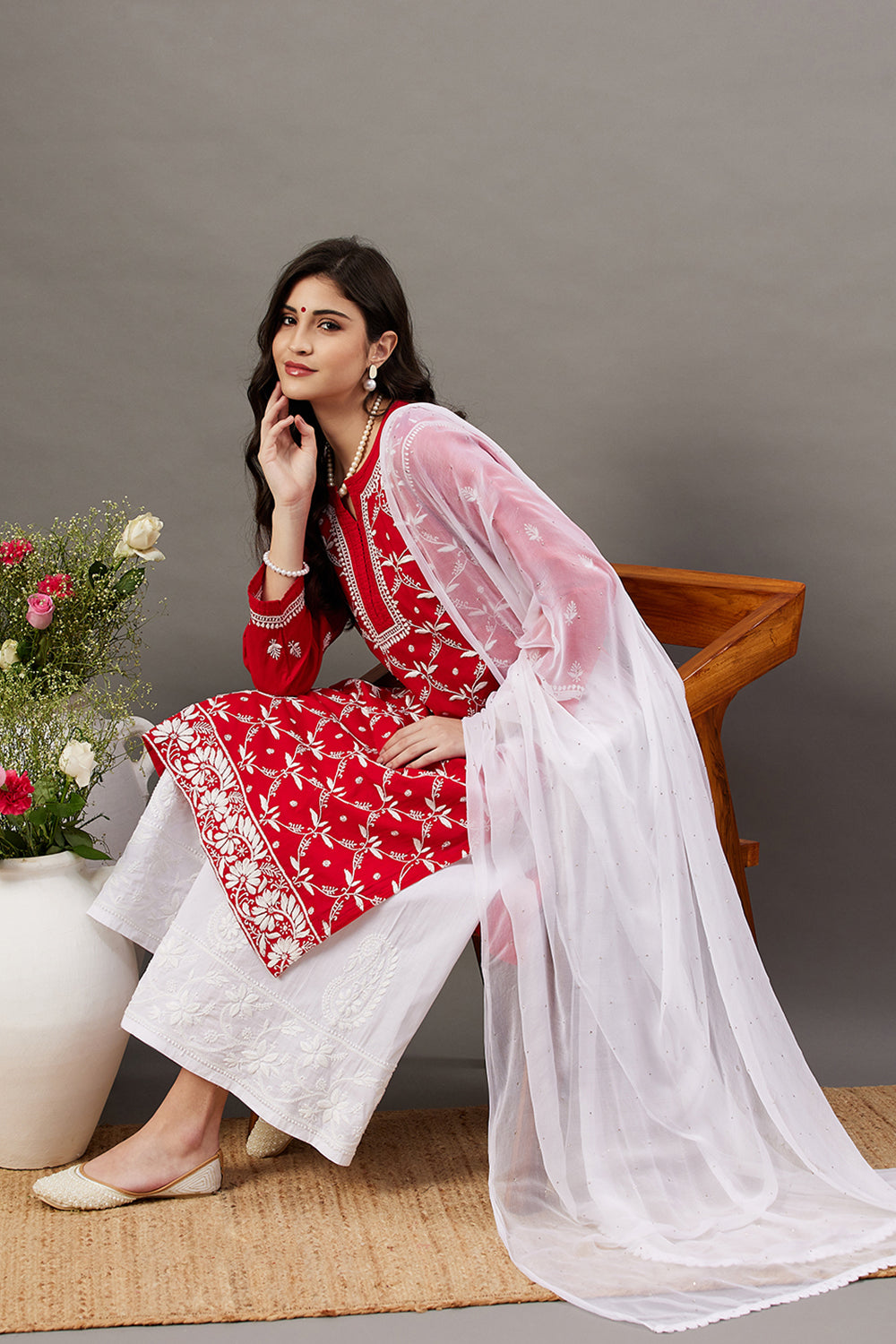 Red Kurta Set With Chikankari
