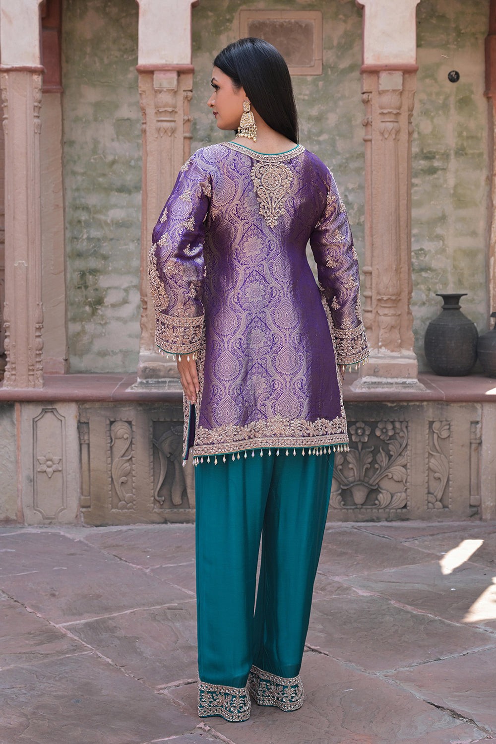 Rama Green Brocade 3D Effect Kurti Teal Pant Ensemble
