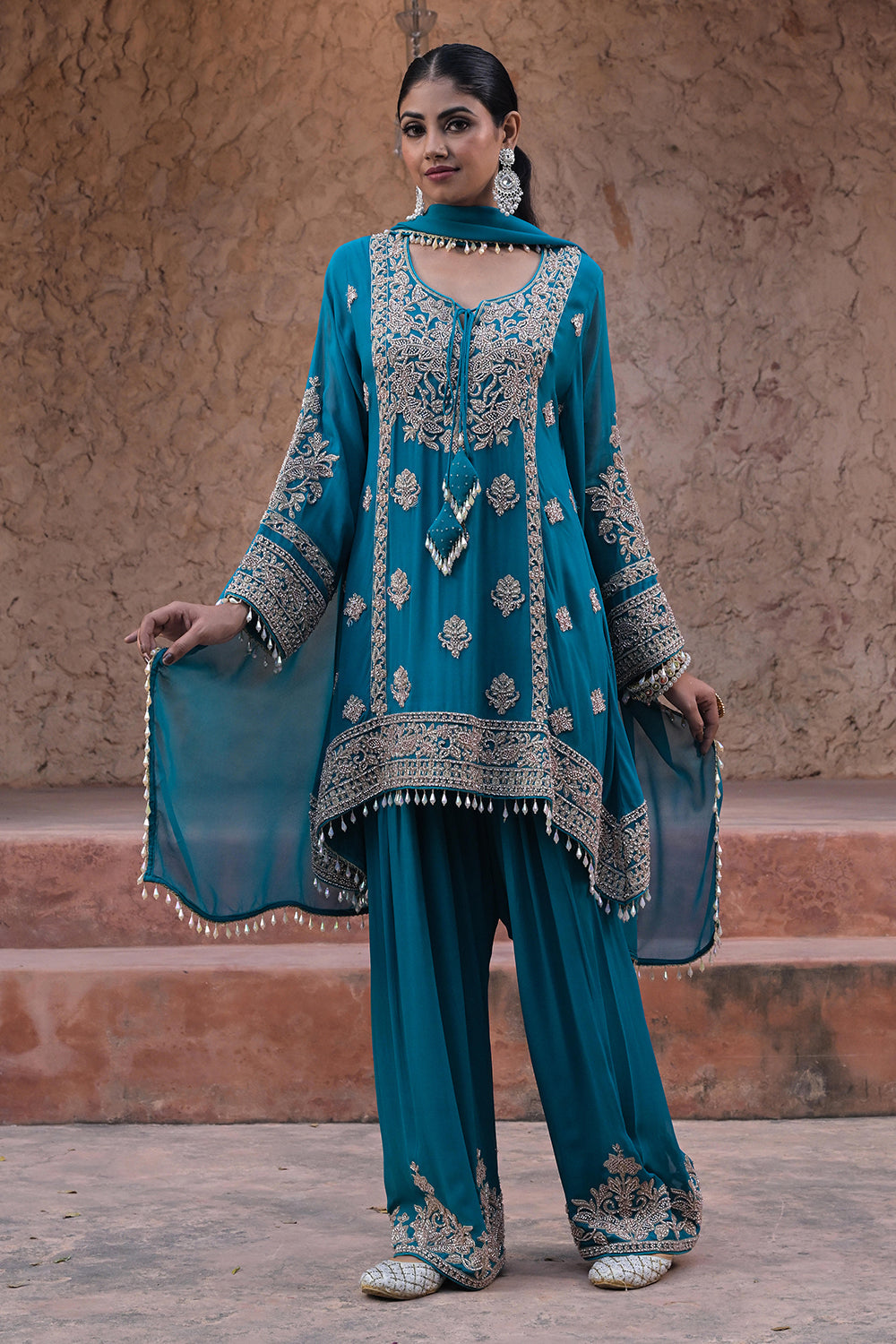 Rama Green Georgette Beads Embroidered Kurta Palazzo Set