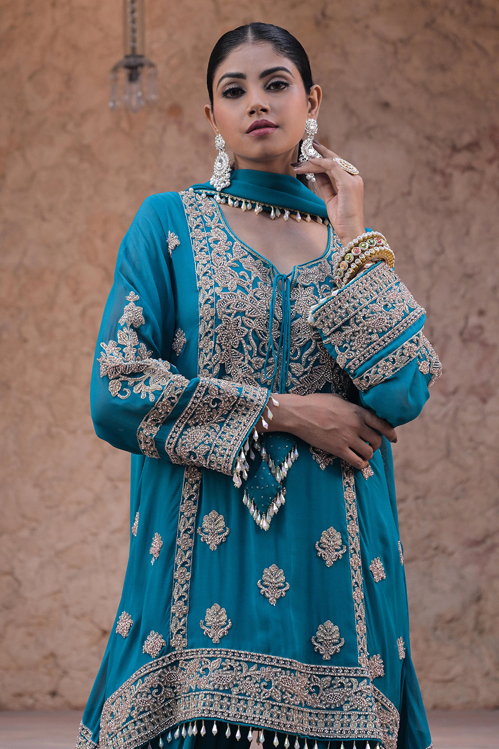 Rama Green Georgette Beads Embroidered Kurta Palazzo Set