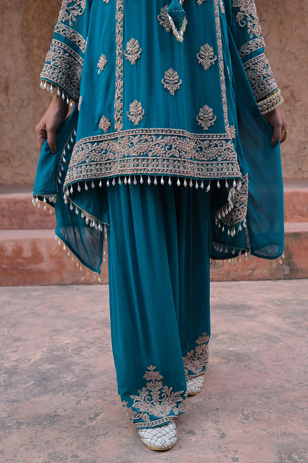 Rama Green Georgette Beads Embroidered Kurta Palazzo Set