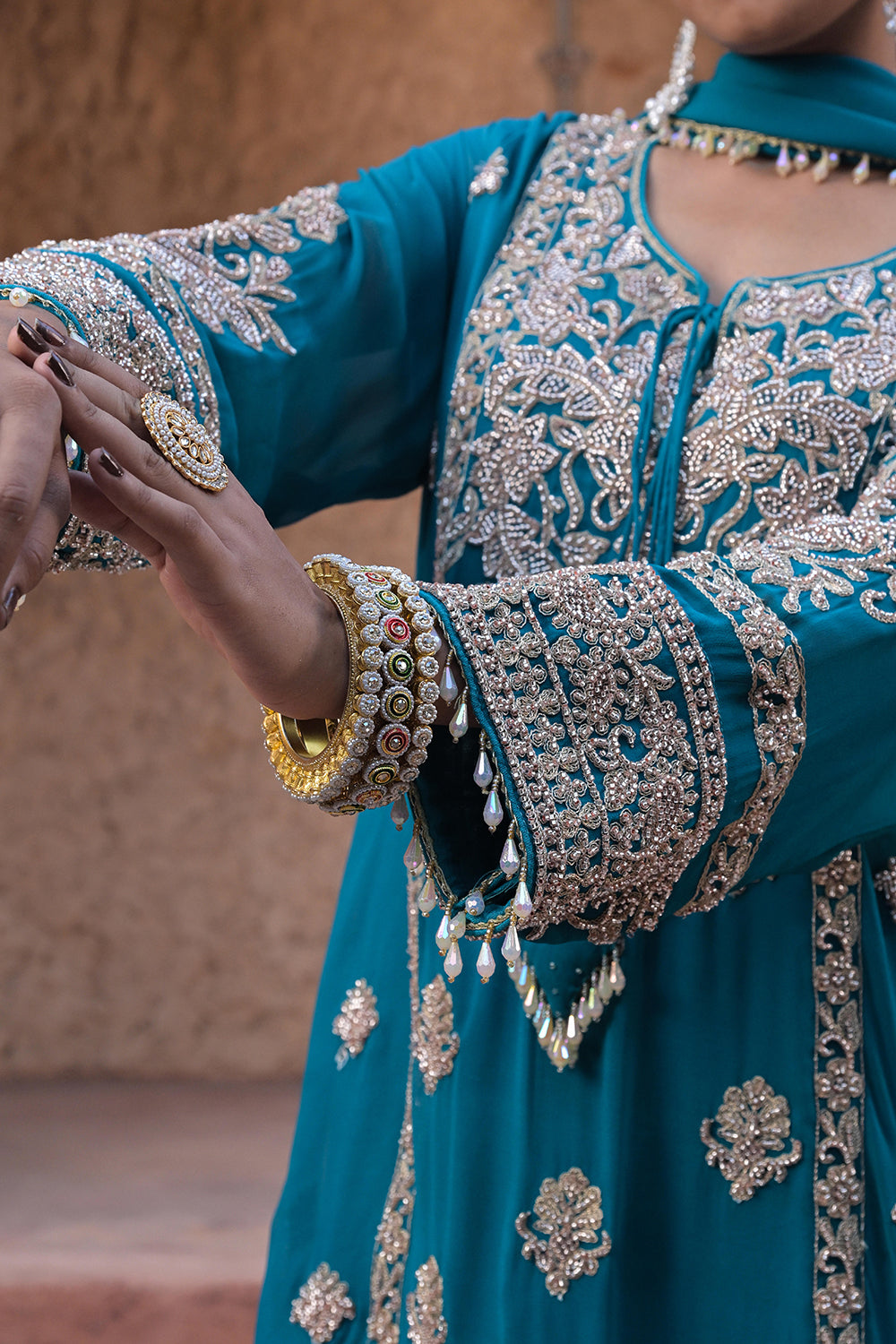 Rama Green Georgette Beads Embroidered Kurta Palazzo Set