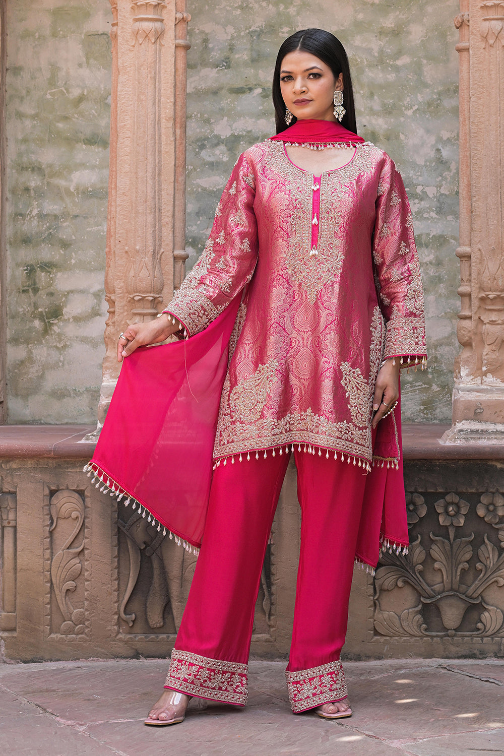 Rani Pink Brocade Kurti Pant Set Elegant Indian Wear