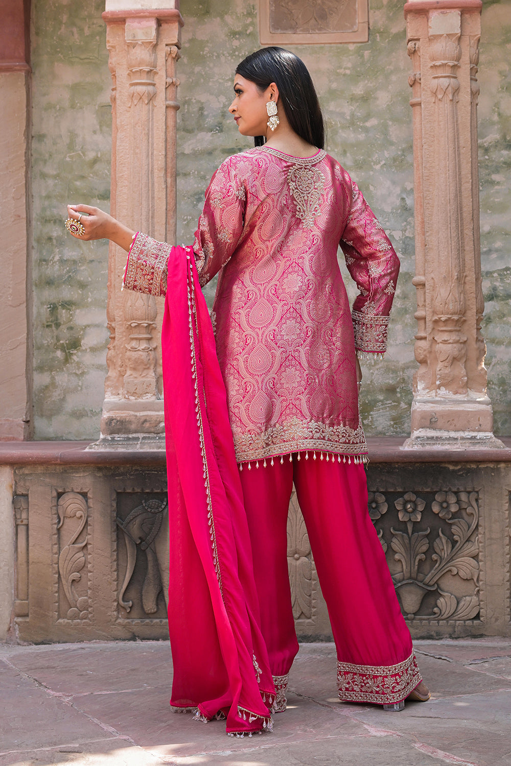 Rani Pink Brocade Kurti Pant Set Elegant Indian Wear