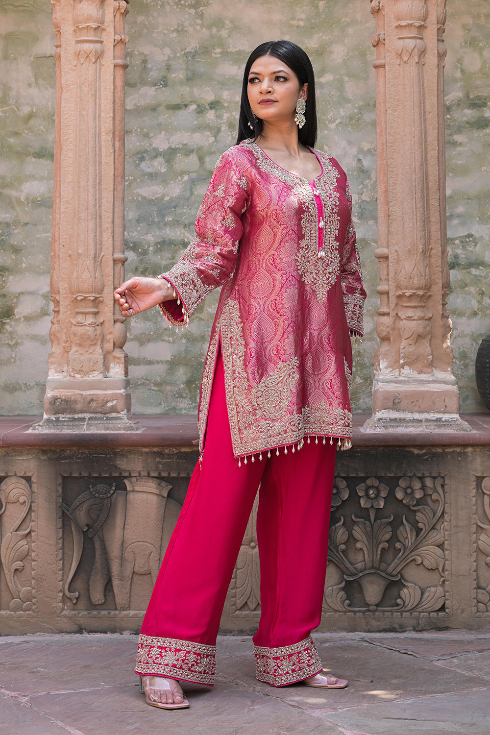 Rani Pink Brocade Kurti Pant Set Elegant Indian Wear