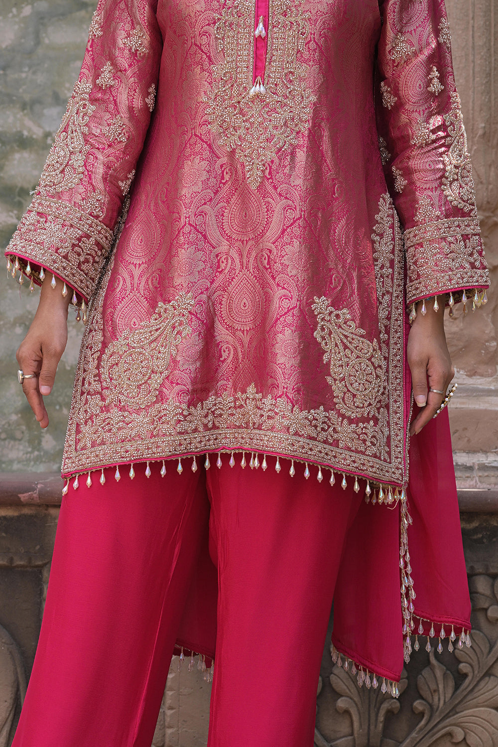 Rani Pink Brocade Kurti Pant Set Elegant Indian Wear