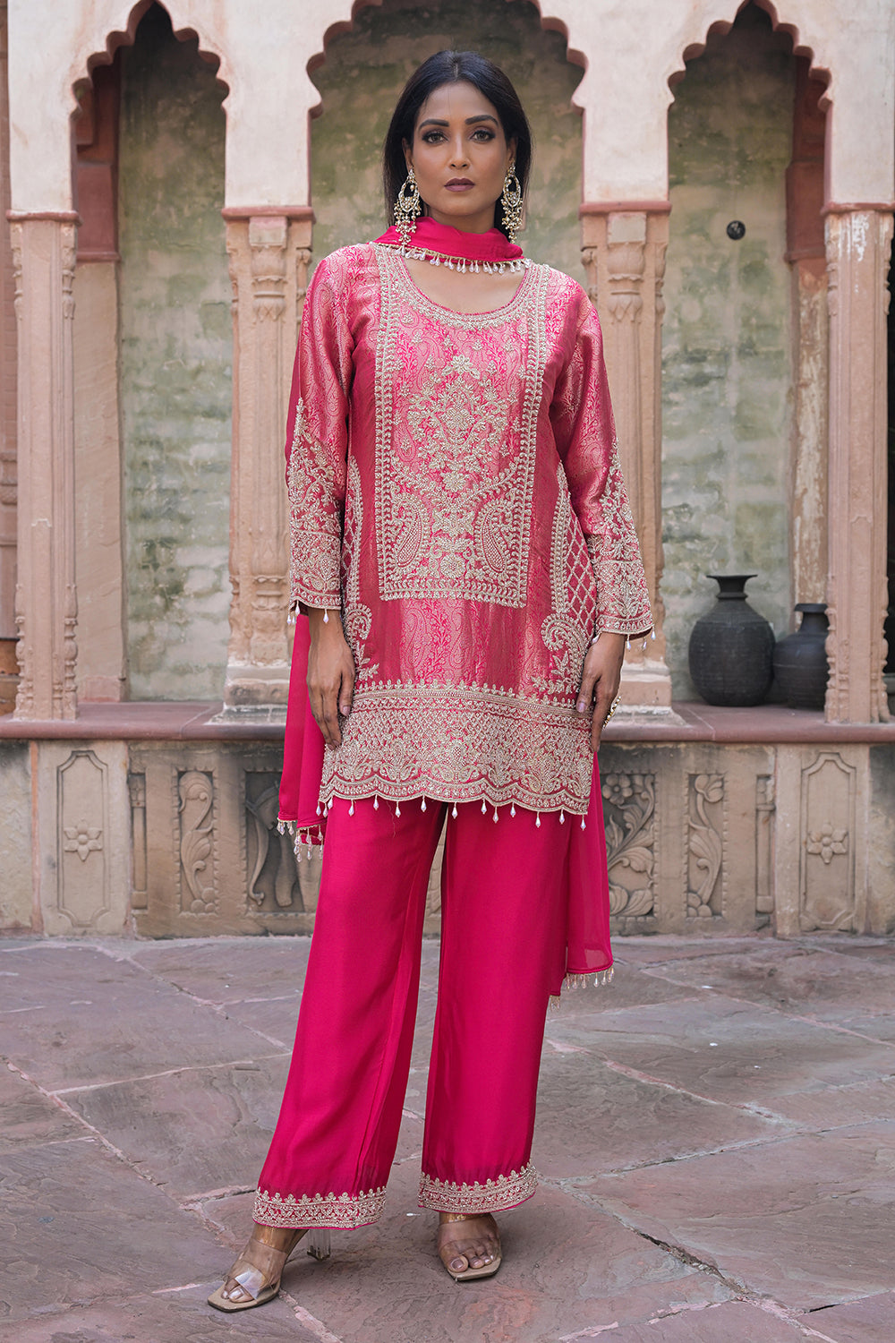 Rani Pink Brocade Kurti Pant Set Indian Party Outfit