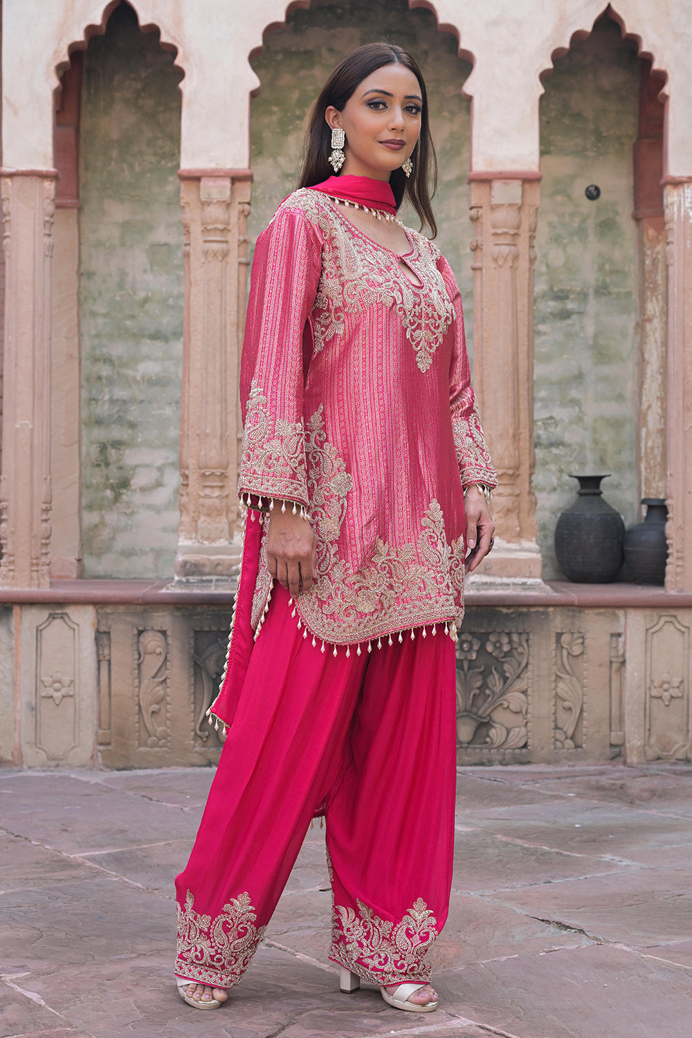 Rani Pink Brocade Kurti Plazzo Set Ethnic Party Look