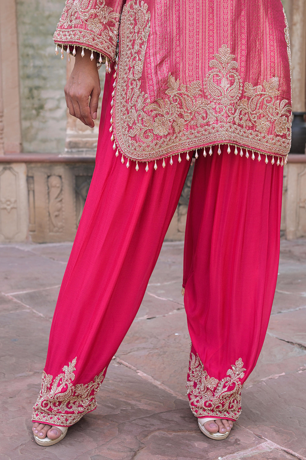 Rani Pink Brocade Kurti Plazzo Set Ethnic Party Look