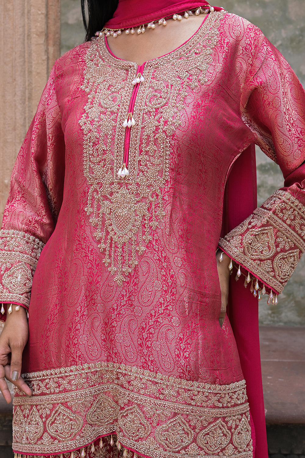 Rani Pink Brocade Kurti Sharara Set Indian Ethnic Wear