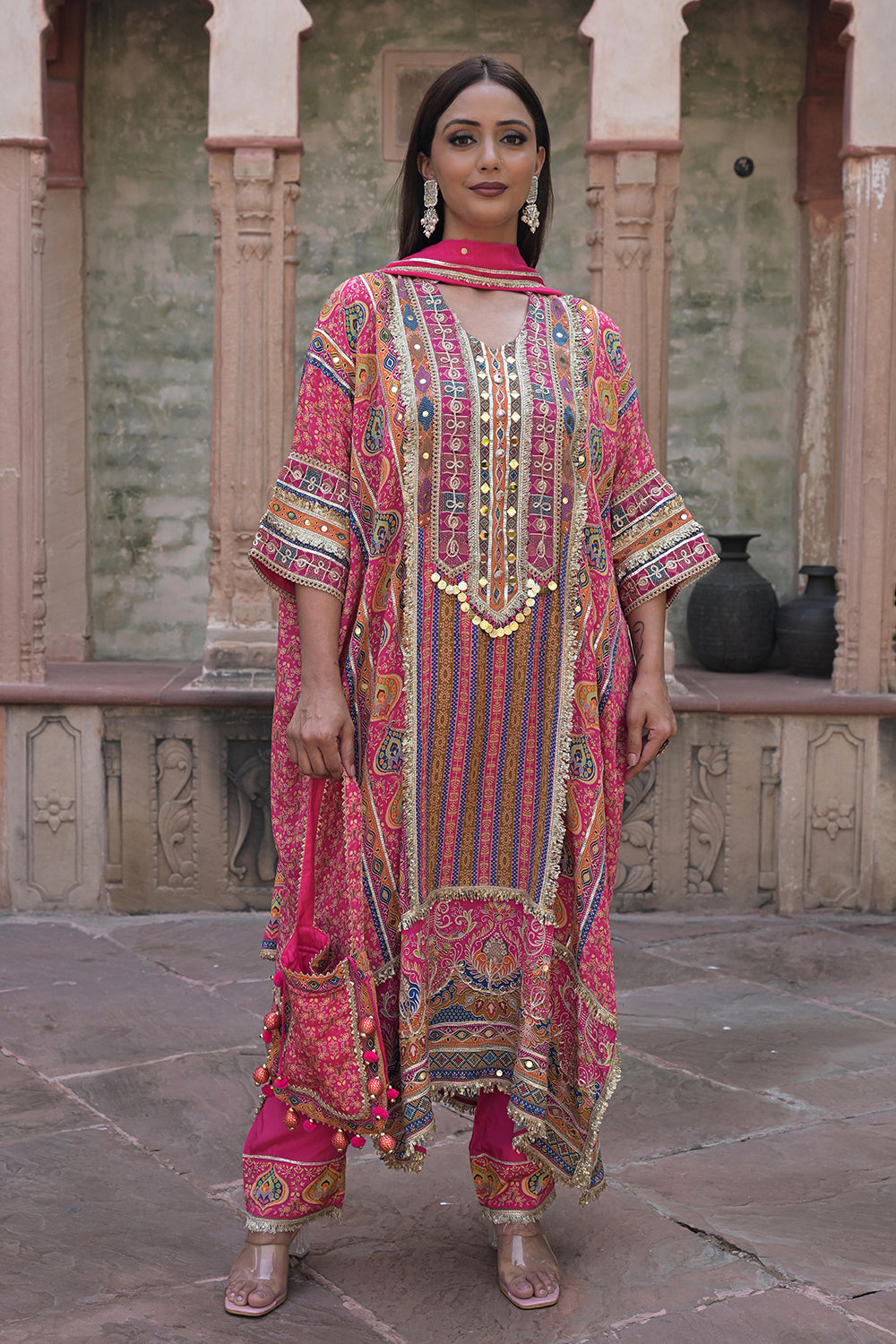 Rani Pink Crepe Kaftan Pant Set Ethnic Party Outfit