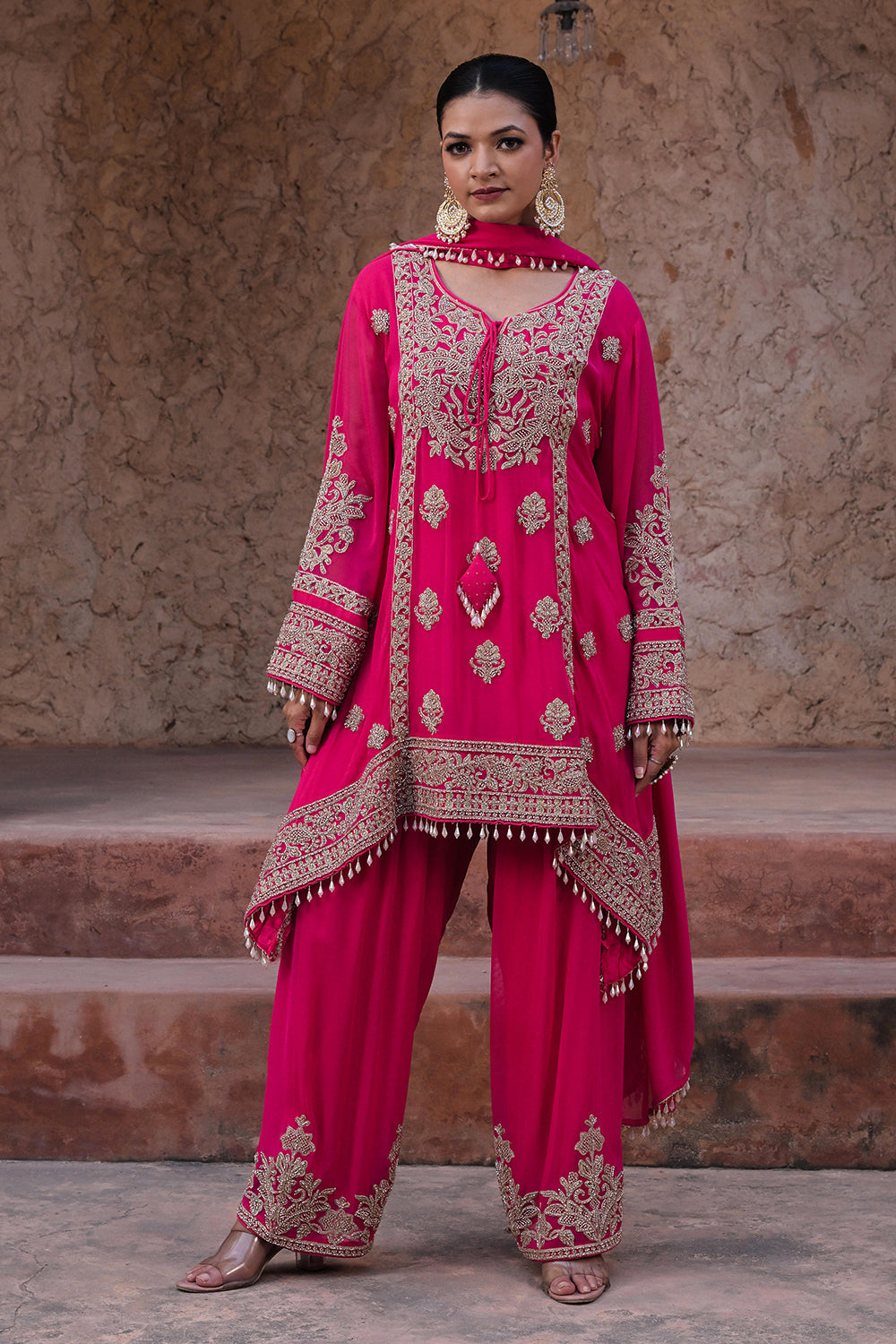 Rani Pink Georgette Beads Work Kurta Palazzo Set