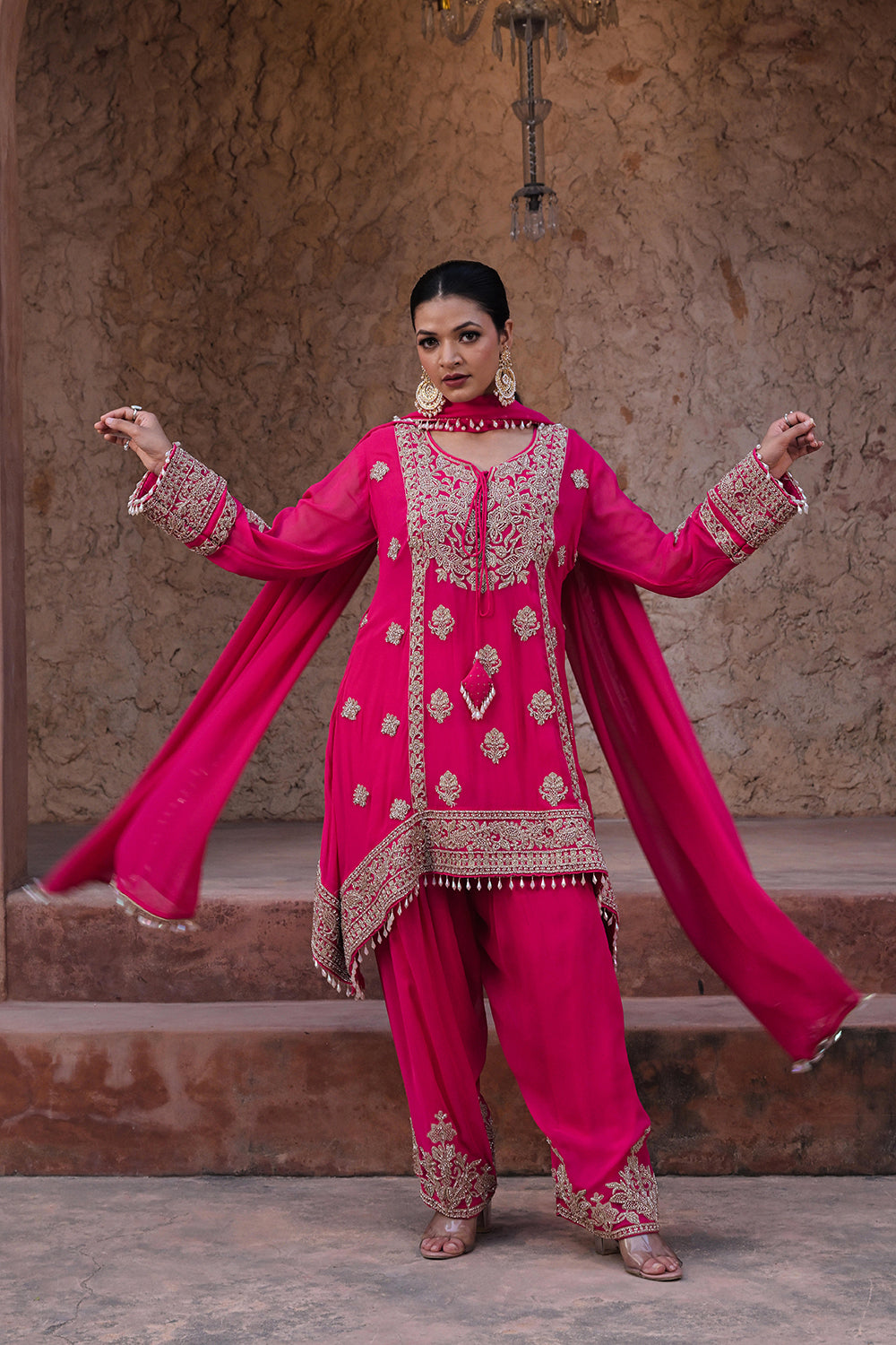 Rani Pink Georgette Beads Work Kurta Palazzo Set
