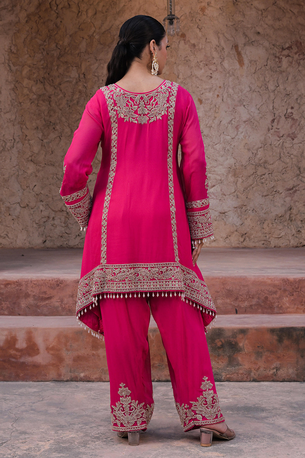 Rani Pink Georgette Beads Work Kurta Palazzo Set