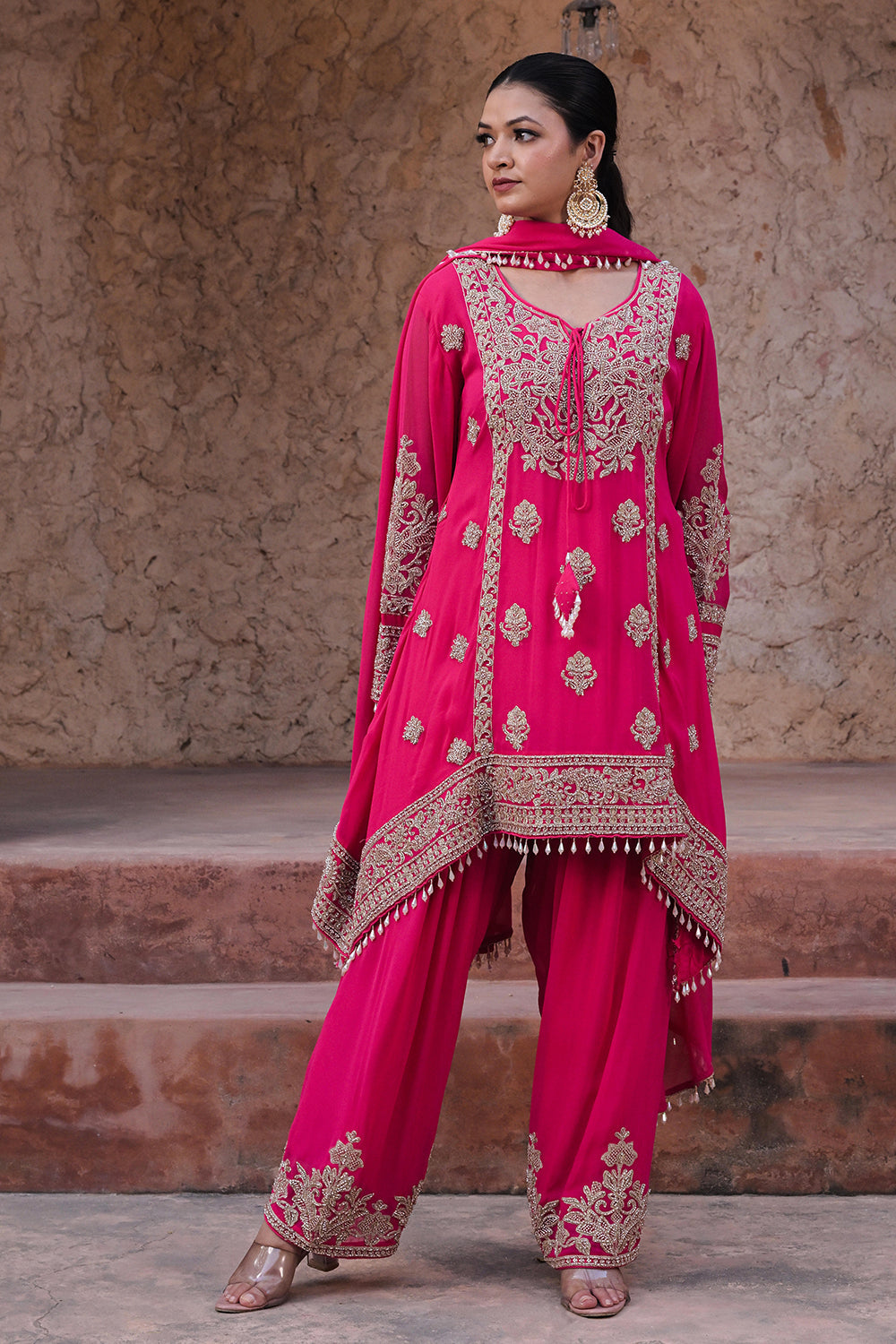 Rani Pink Georgette Beads Work Kurta Palazzo Set