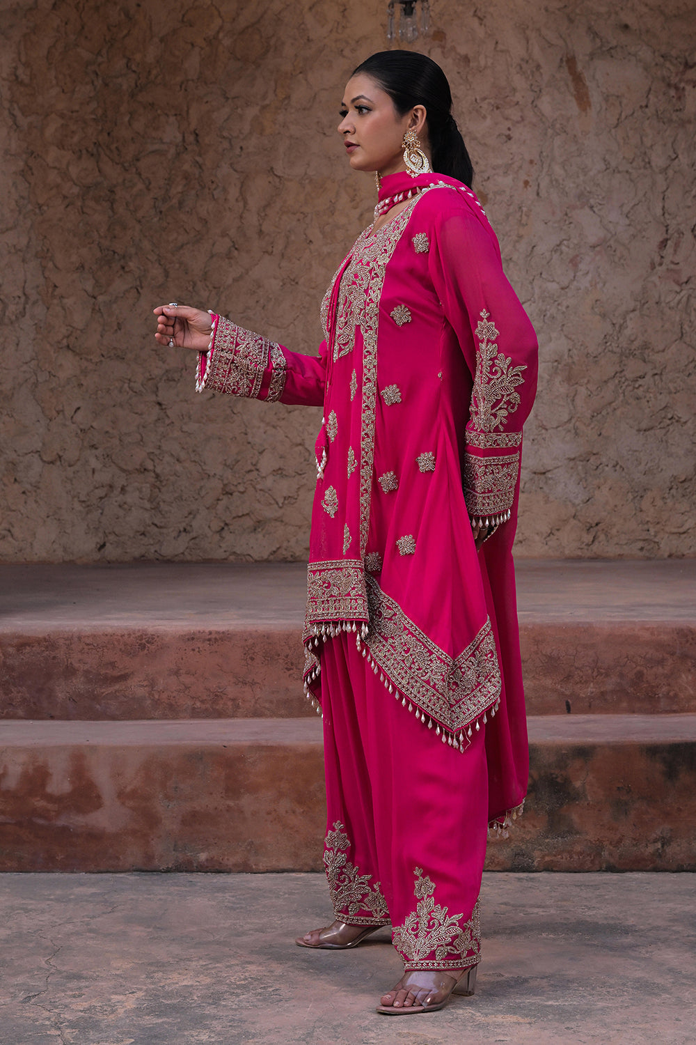 Rani Pink Georgette Beads Work Kurta Palazzo Set