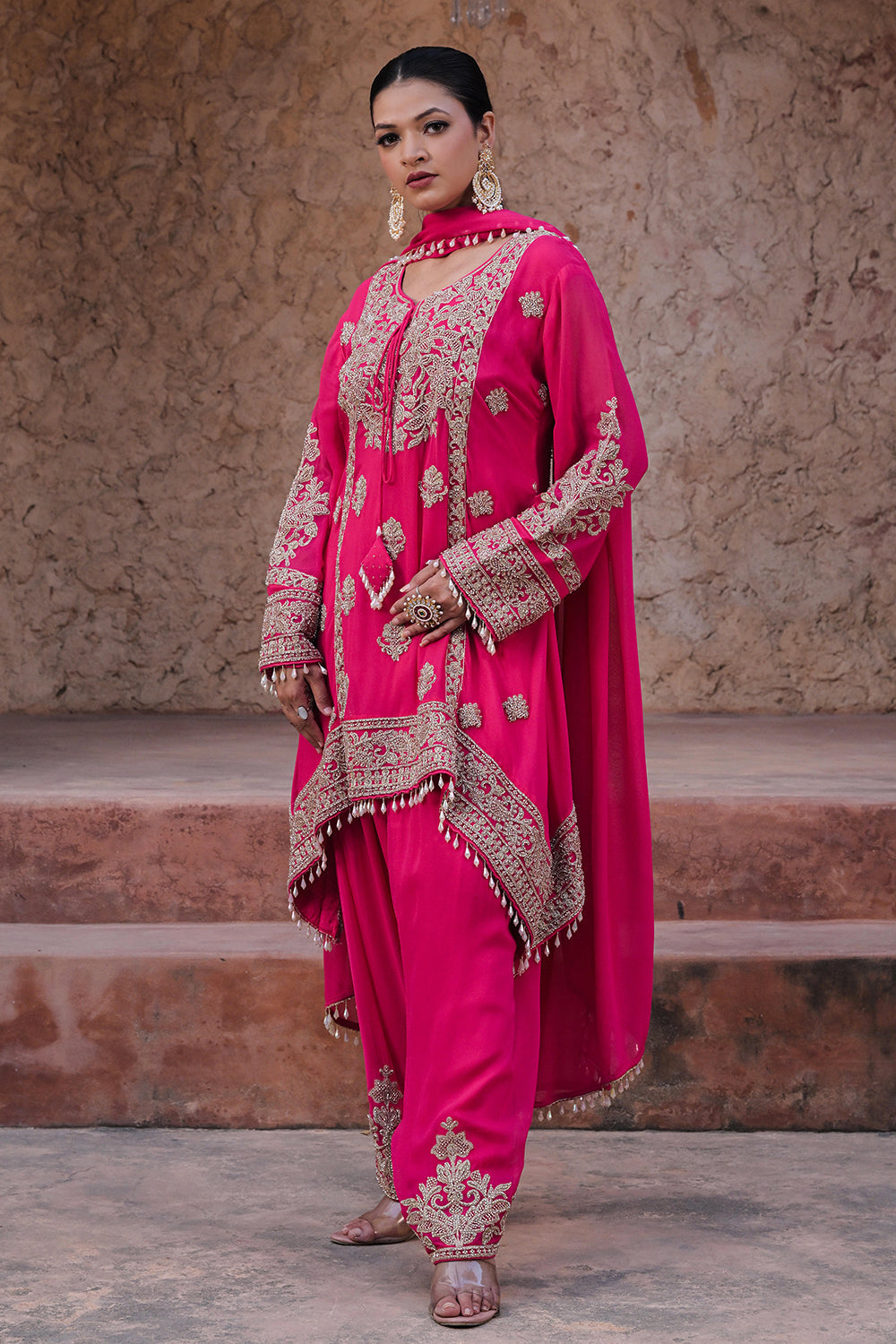 Rani Pink Georgette Beads Work Kurta Palazzo Set