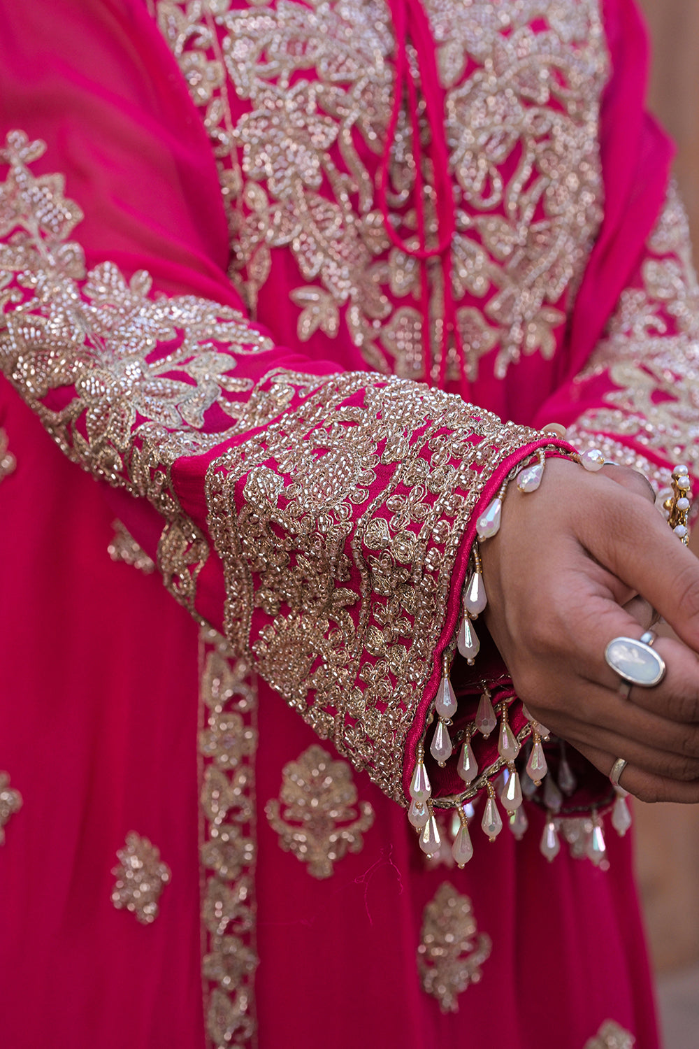 Rani Pink Georgette Beads Work Kurta Palazzo Set