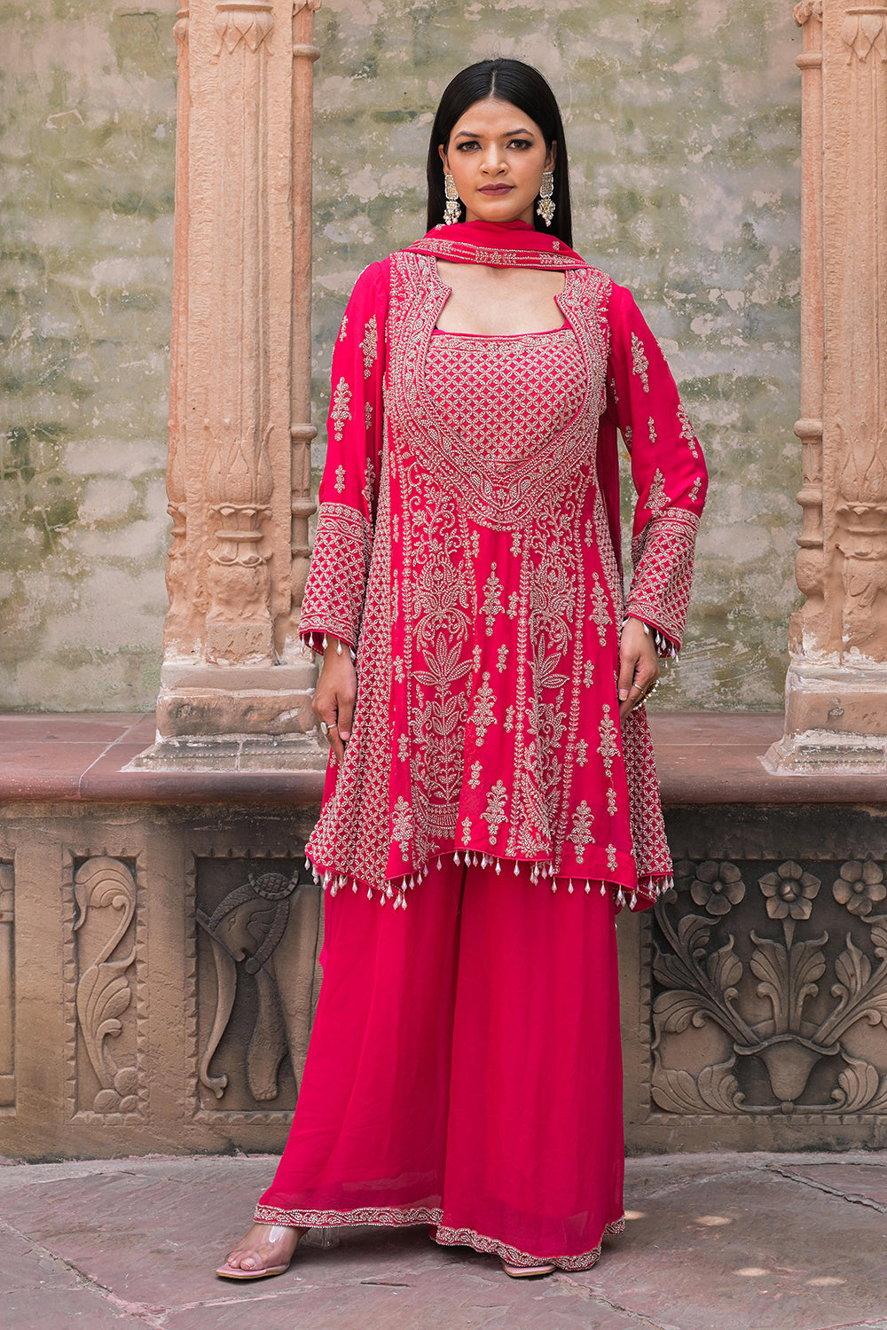 Rani Pink Georgette Beads Work Kurta Palazzo Set