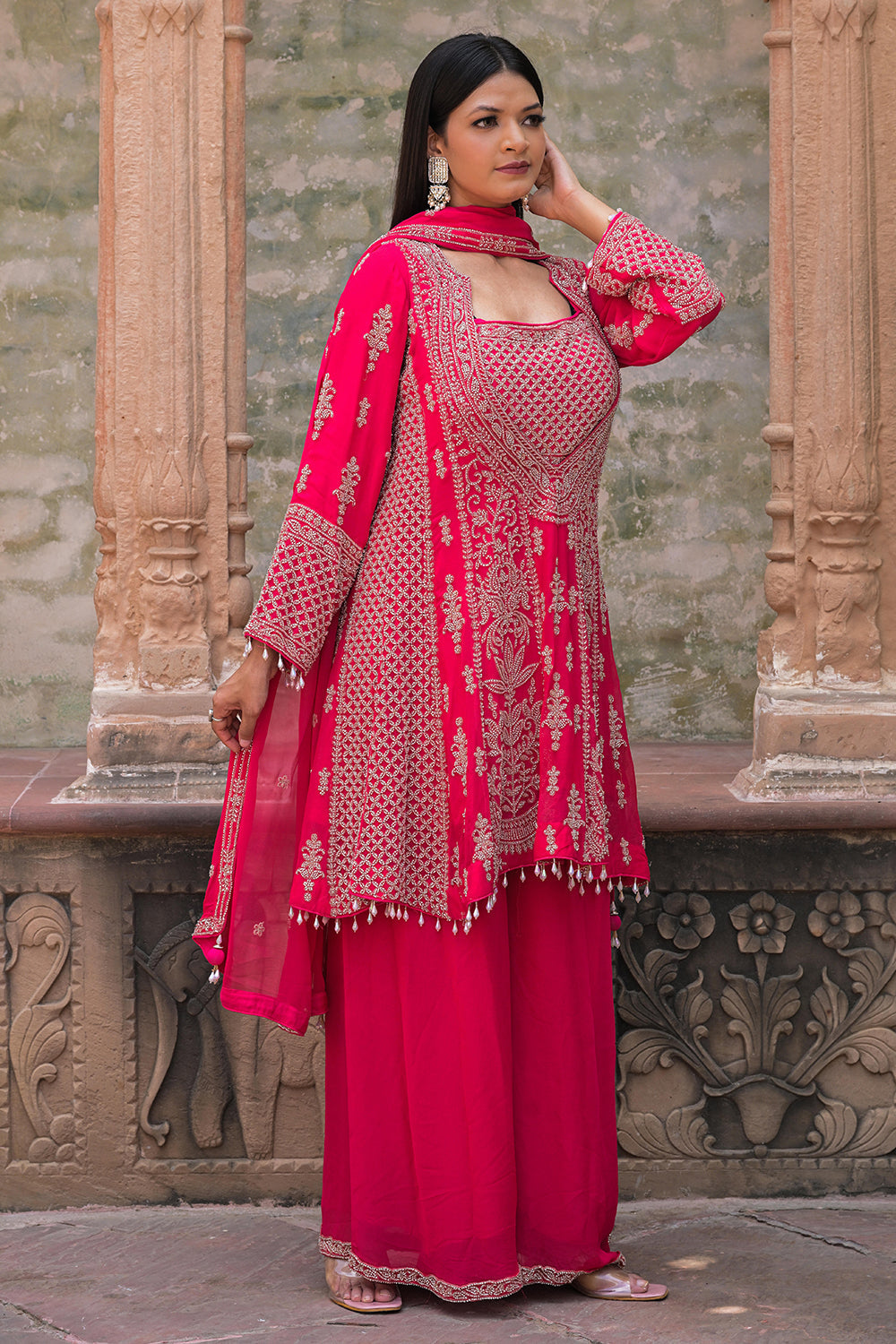 Rani Pink Georgette Beads Work Kurta Palazzo Set