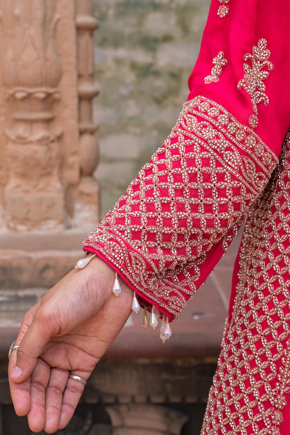 Rani Pink Georgette Beads Work Kurta Palazzo Set