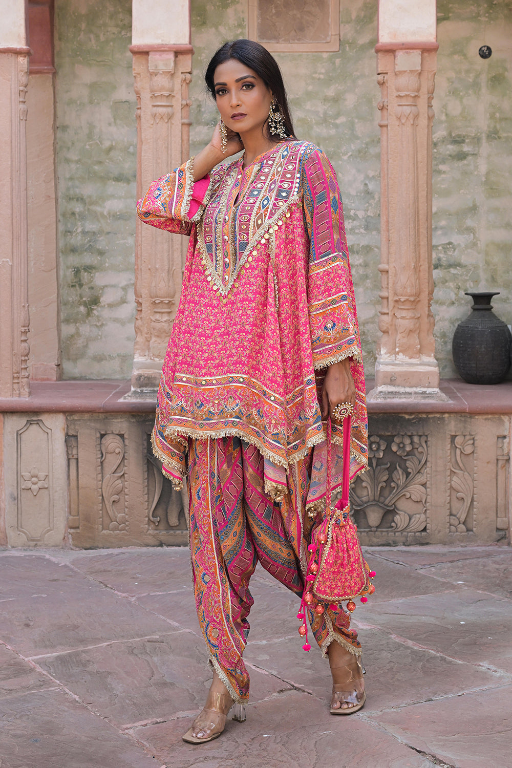 Rani Pink Viscose Crepe Suit Set with Tulip Pants – Festive Glamor
