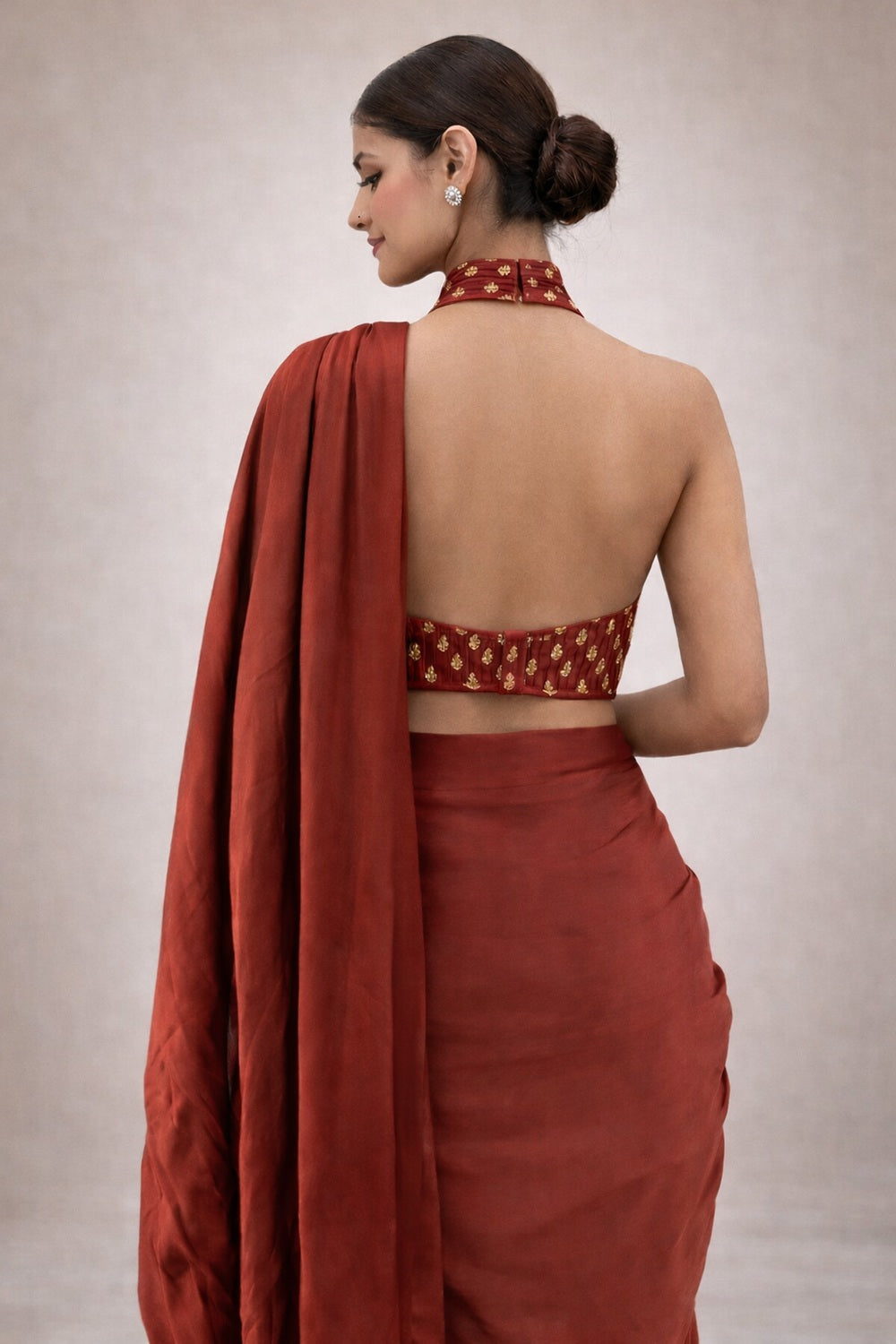 Ready to wear saree with pleated halter blouse