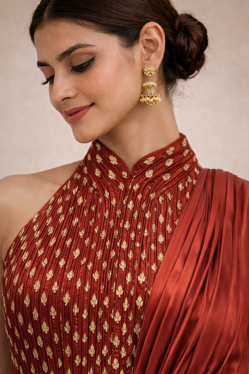 Ready to wear saree with pleated halter blouse