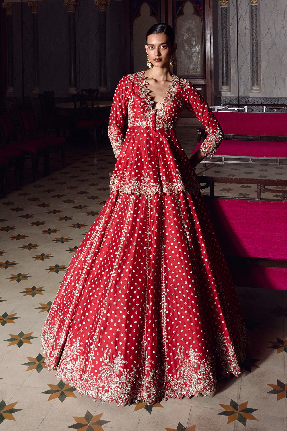 Red Athena Peplum Lehenga Set