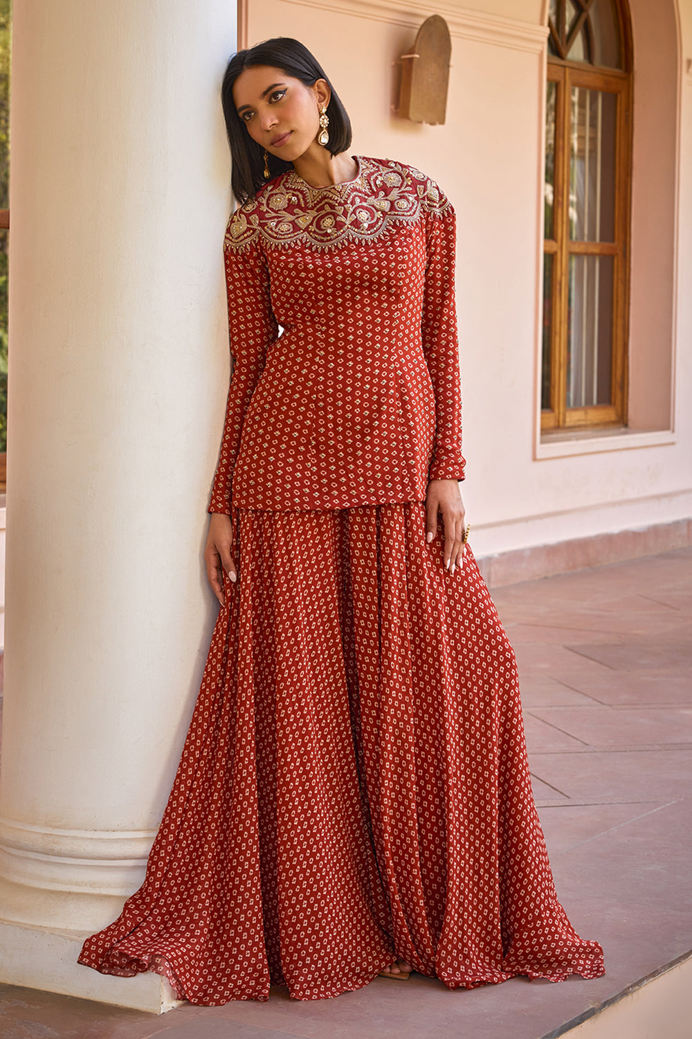 Red bandhani sharara set with ombre dupatta