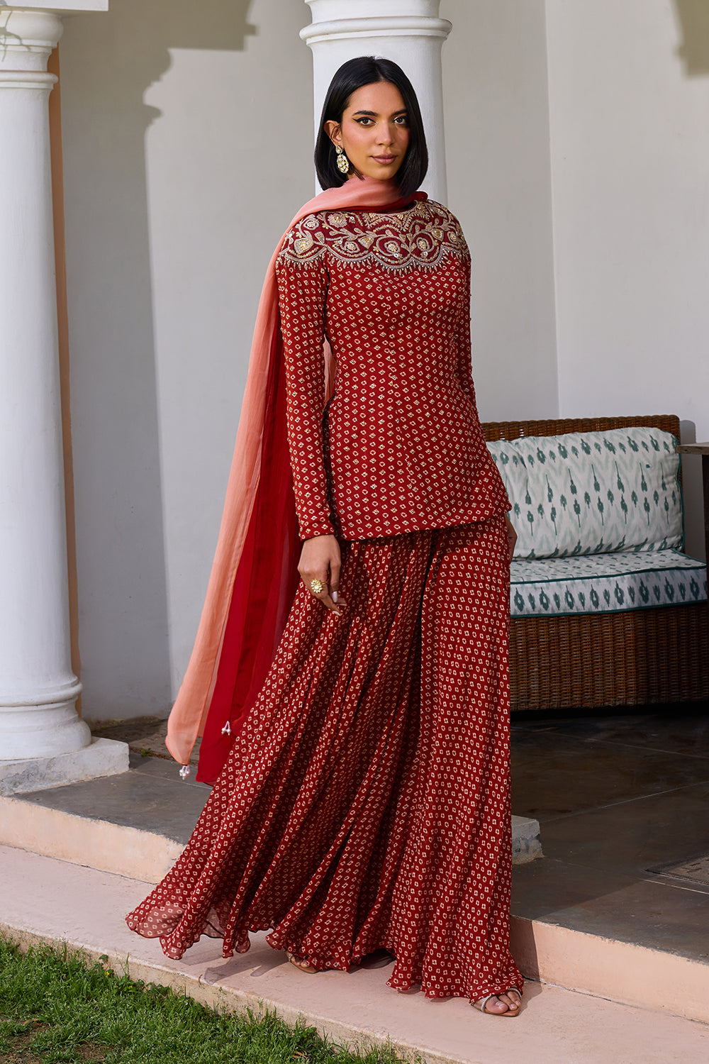 Red bandhani sharara set with ombre dupatta