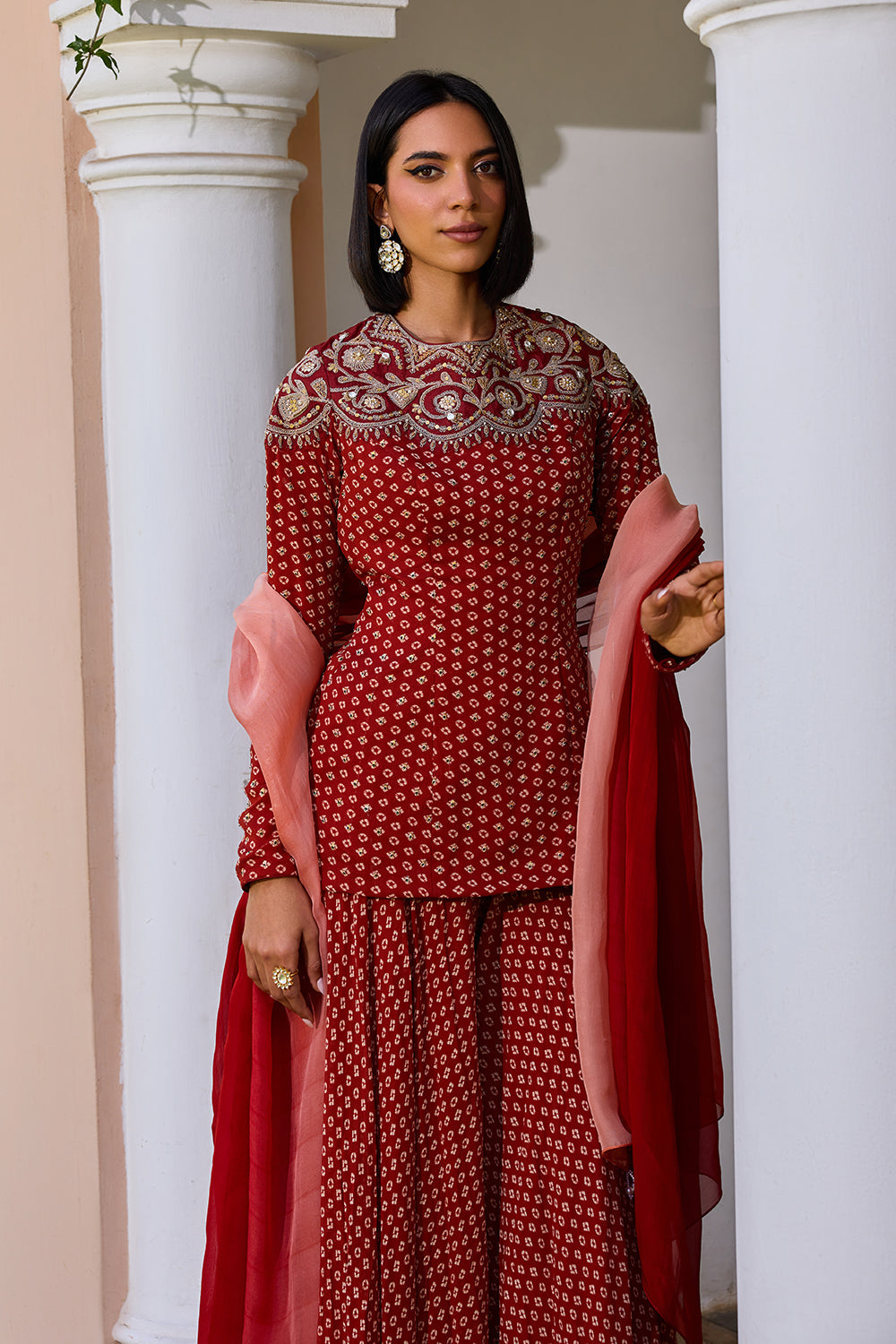 Red bandhani sharara set with ombre dupatta