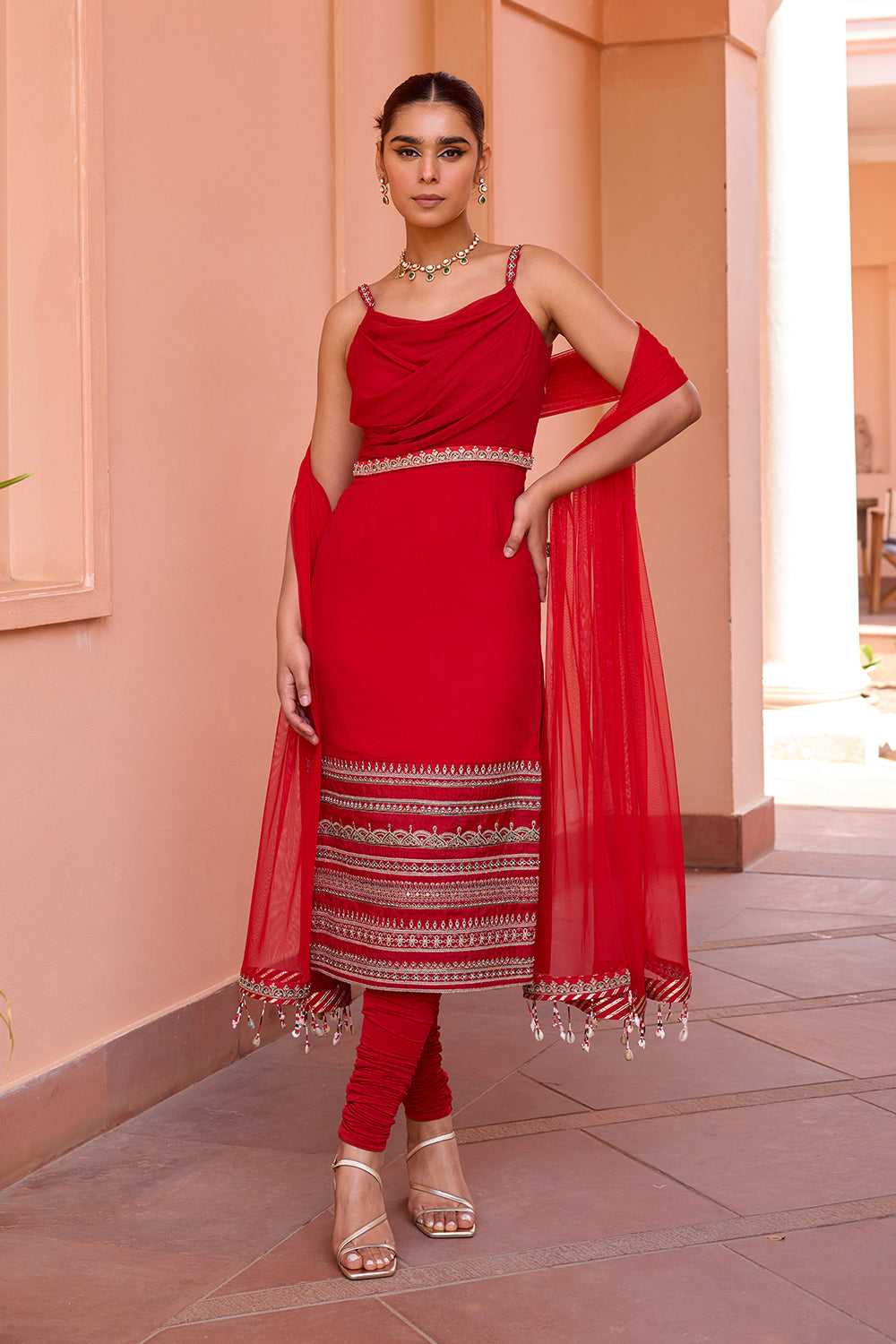 Red drape and embroidered straight kurta set with dupatta