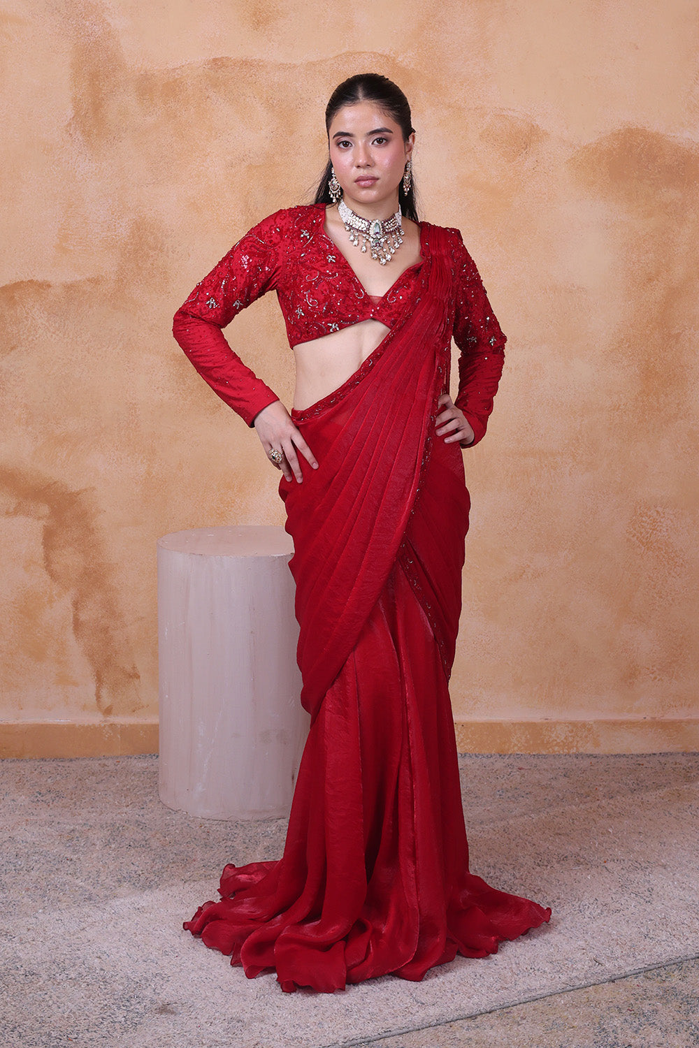 Red Draped Saree with Embellised Full Sleeve Blouse