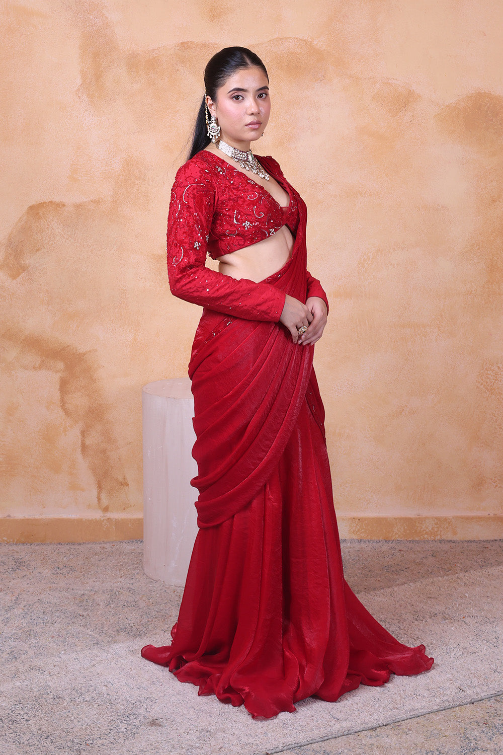 Red Draped Saree with Embellised Full Sleeve Blouse