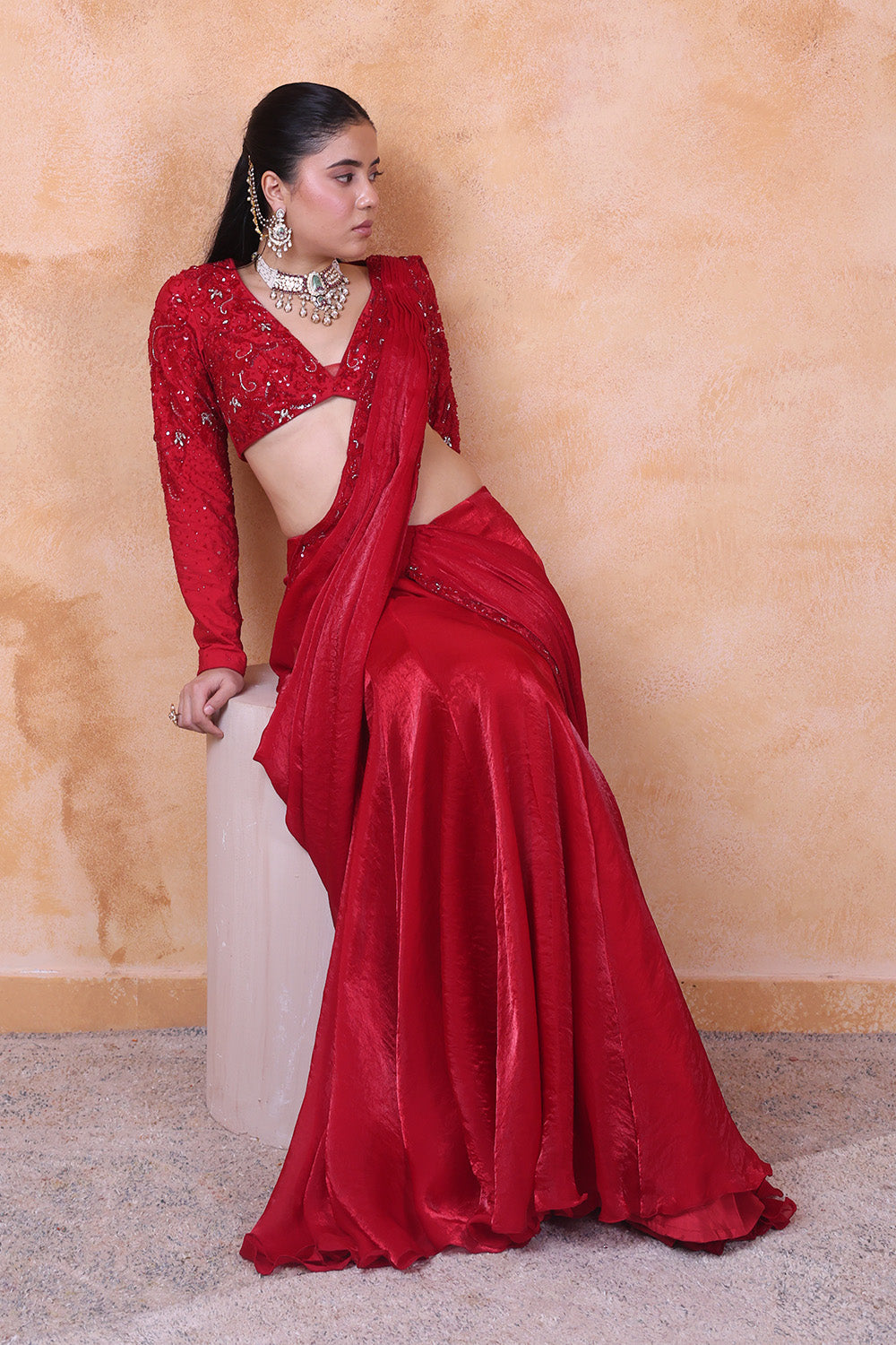 Red Draped Saree with Embellised Full Sleeve Blouse