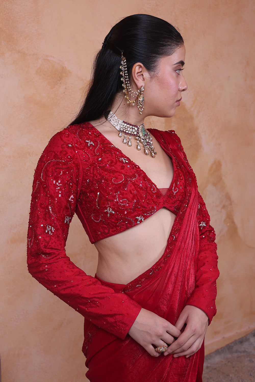 Red Draped Saree with Embellised Full Sleeve Blouse
