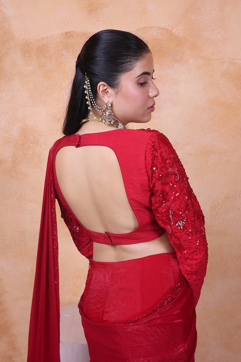 Red Draped Saree with Embellised Full Sleeve Blouse