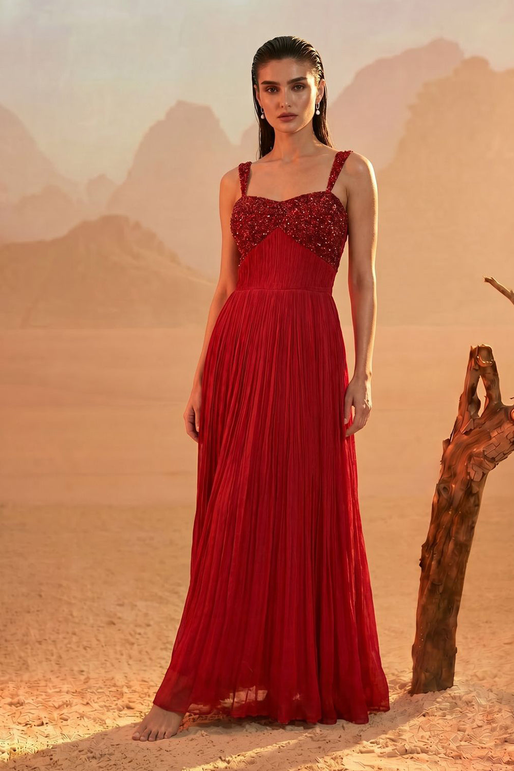 Red Embellished Pleated Gown