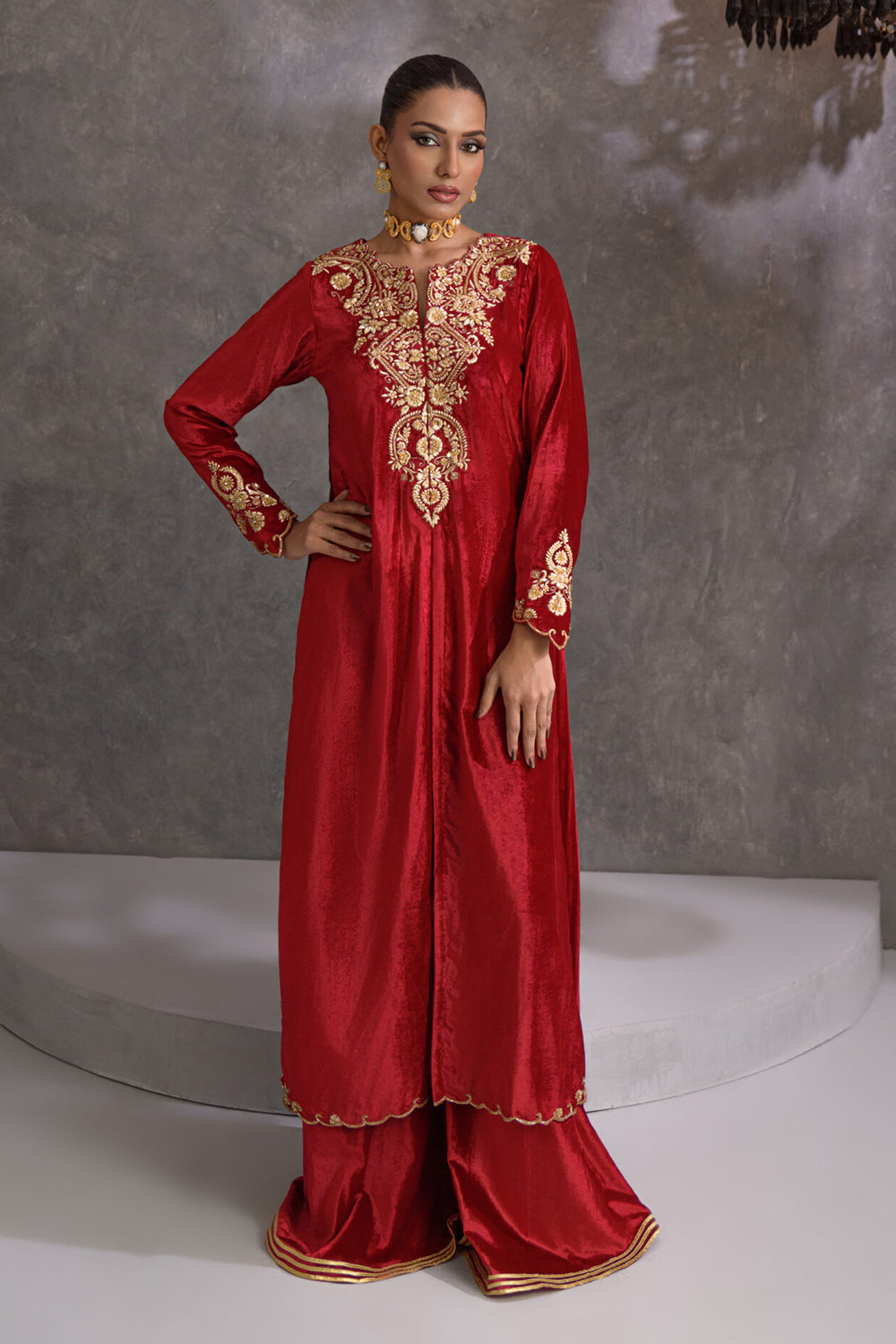 Red Embroidered Comfort Fit Suit Set