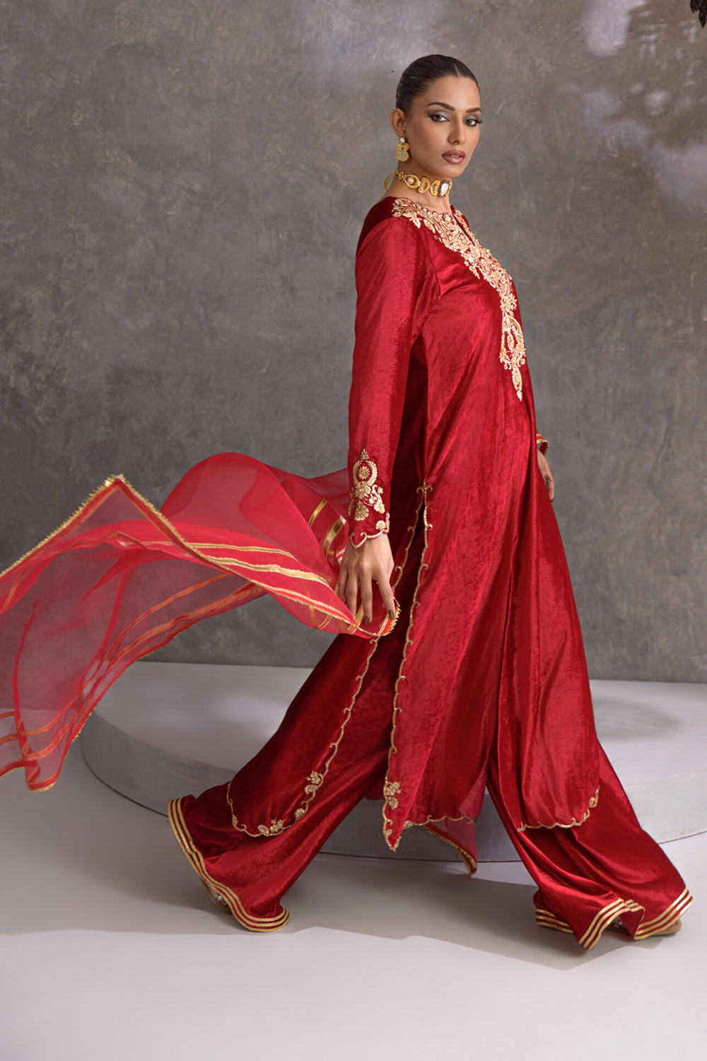 Red Embroidered Comfort Fit Suit Set