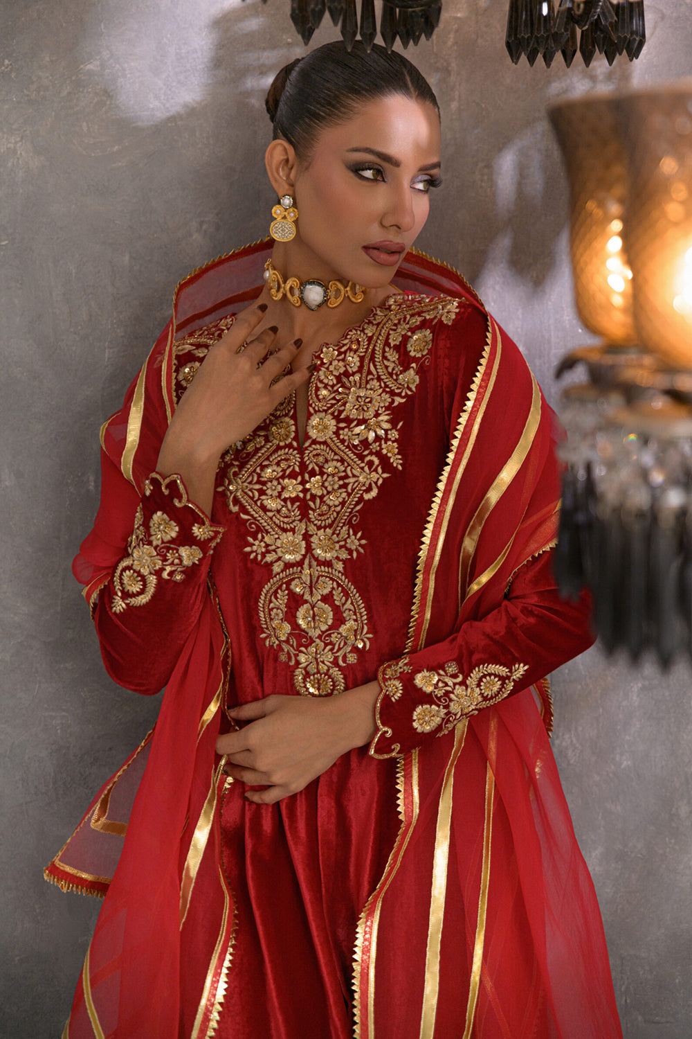 Red Embroidered Comfort Fit Suit Set