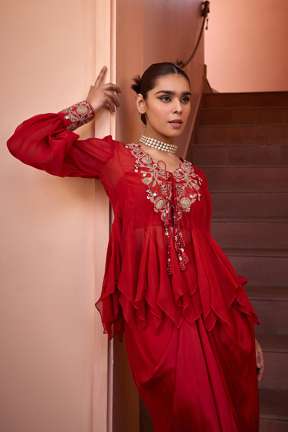 Red embroidered organza top with drape skirt