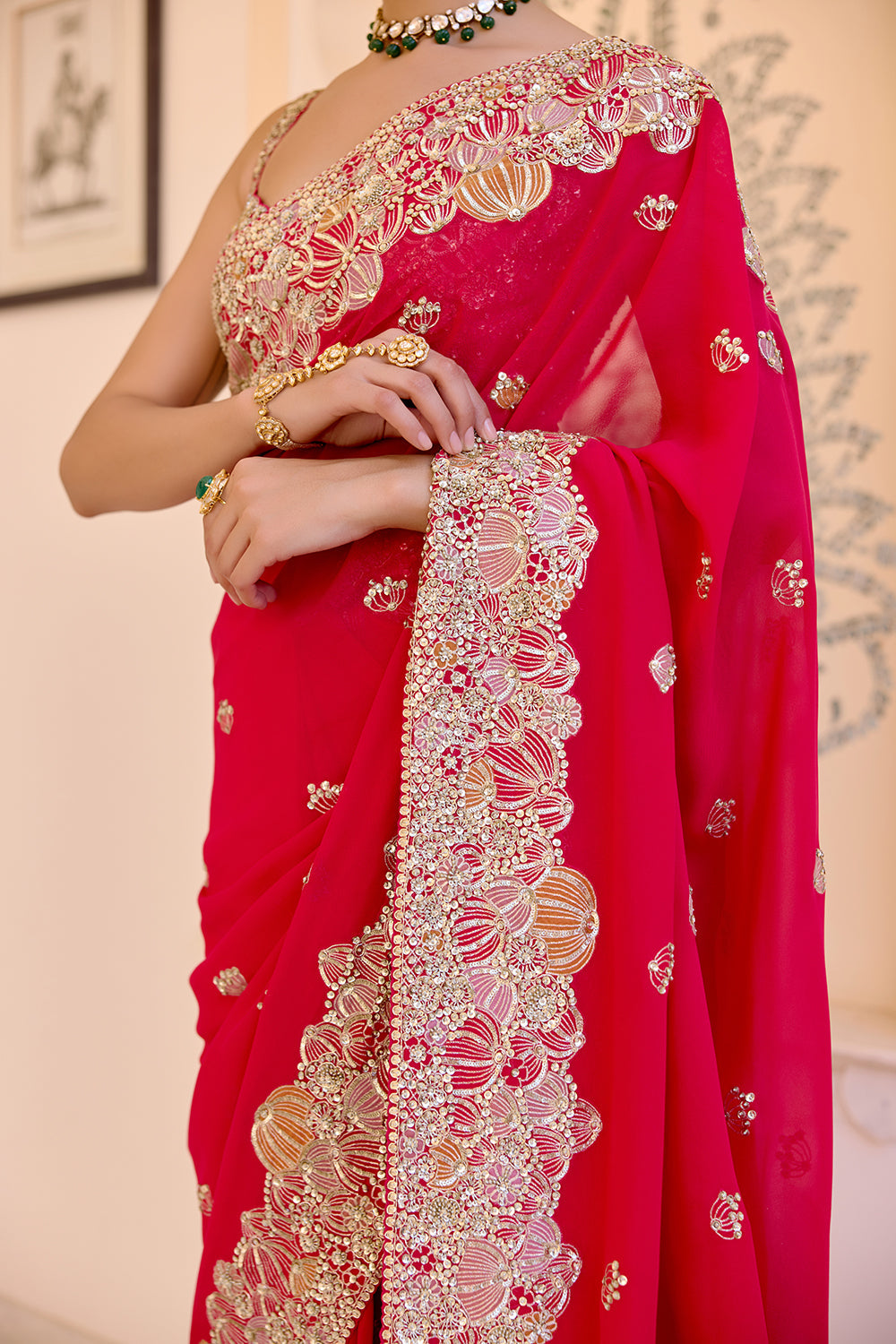 Red Embroidered Saree Set