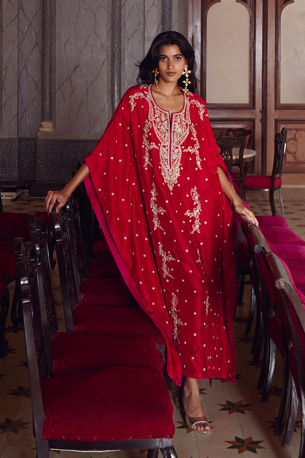 Red Flower Line Kaftan Set