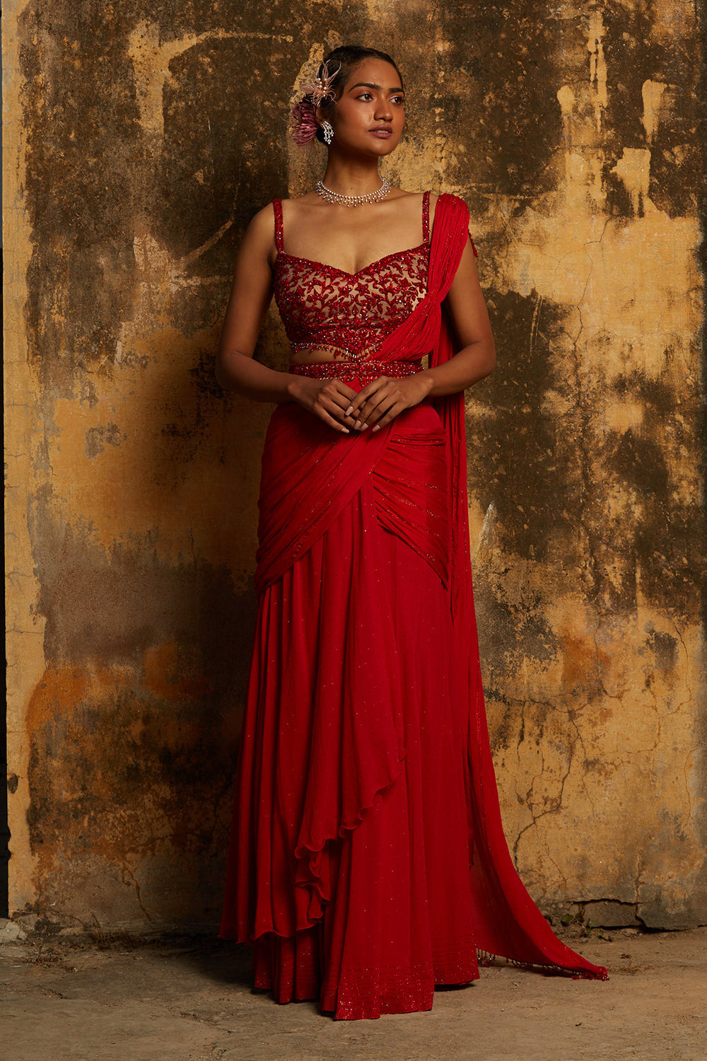 Red Georgette Drape Saree With Belt