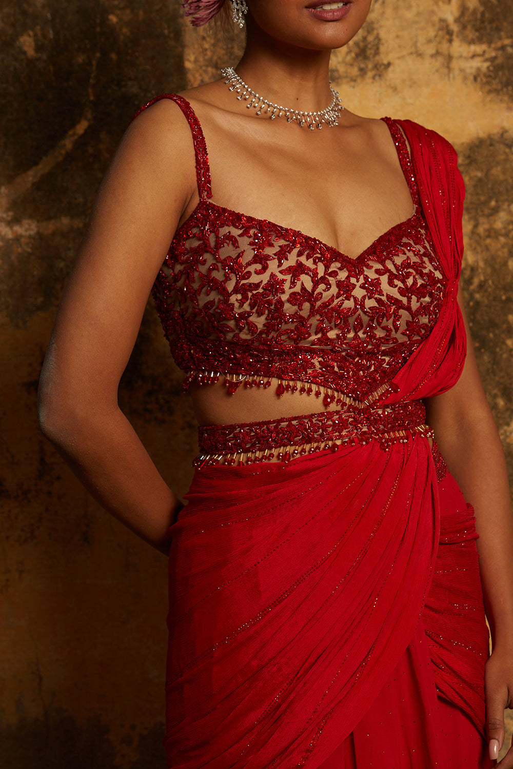 Red Georgette Drape Saree With Belt