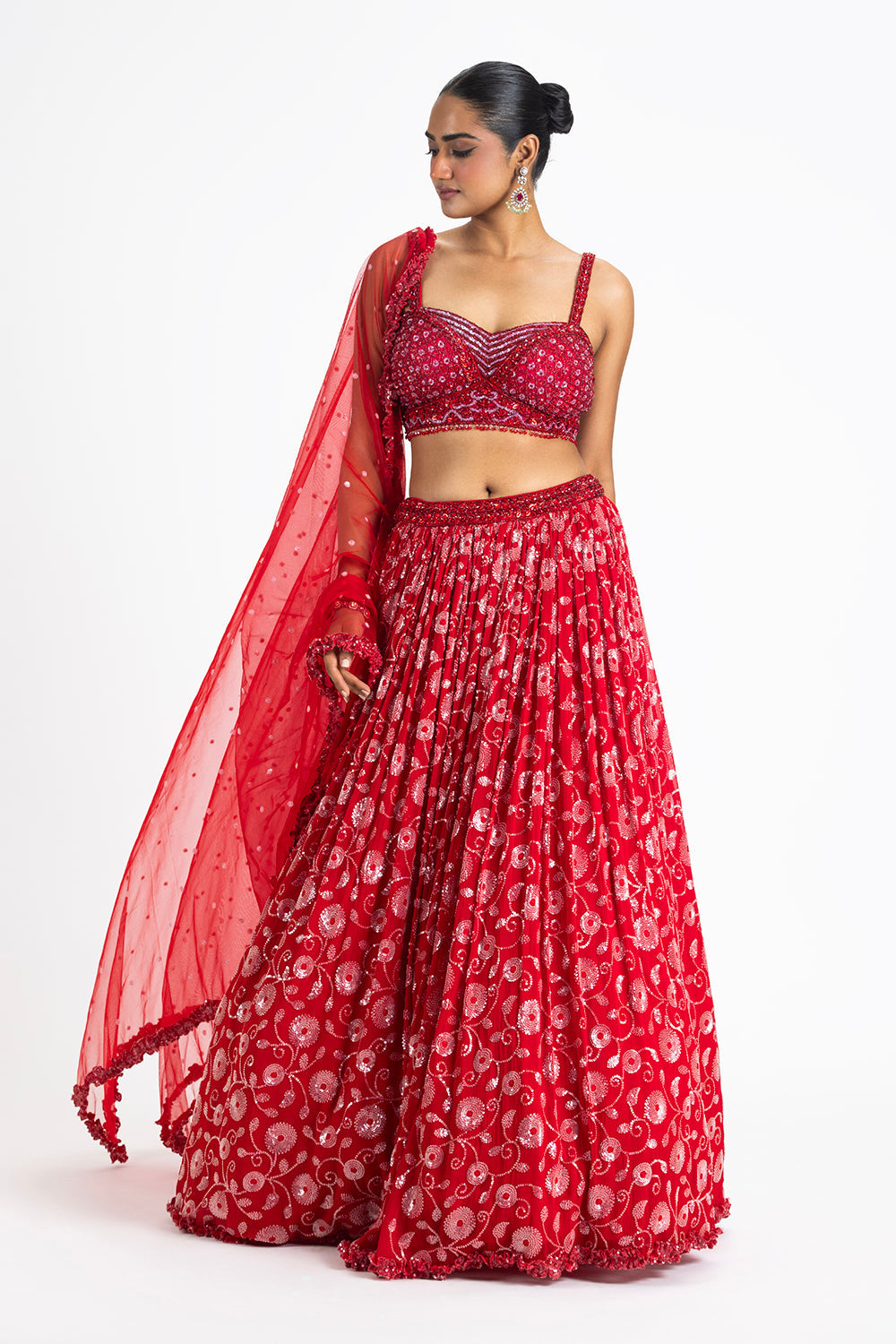 Red Georgette Lehenga With Bustier Blouse And Net Dupatta